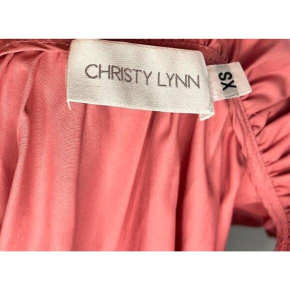 CHRISTY LYNN Sz XS Bardot Dusty Rose Pink Cap Sleeve Ruffle Belted Dress - Picture 3 of 11